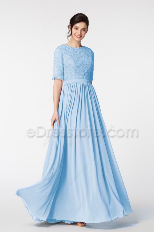 Modest LDS Lace Baby Blue Bridesmaid Dresses Elbow Sleeves