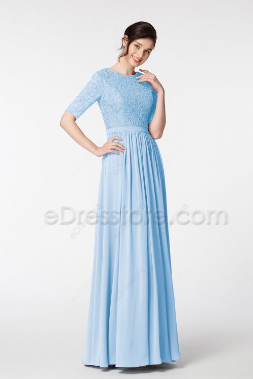 Modest LDS Lace Baby Blue Bridesmaid Dresses Elbow Sleeves