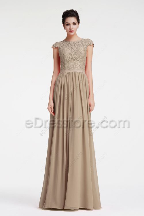 Modest LDS Lace Chiffon Beige Bridesmaid Dresses