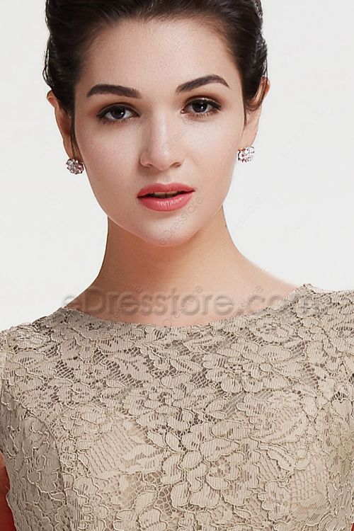 Modest LDS Lace Chiffon Beige Bridesmaid Dresses