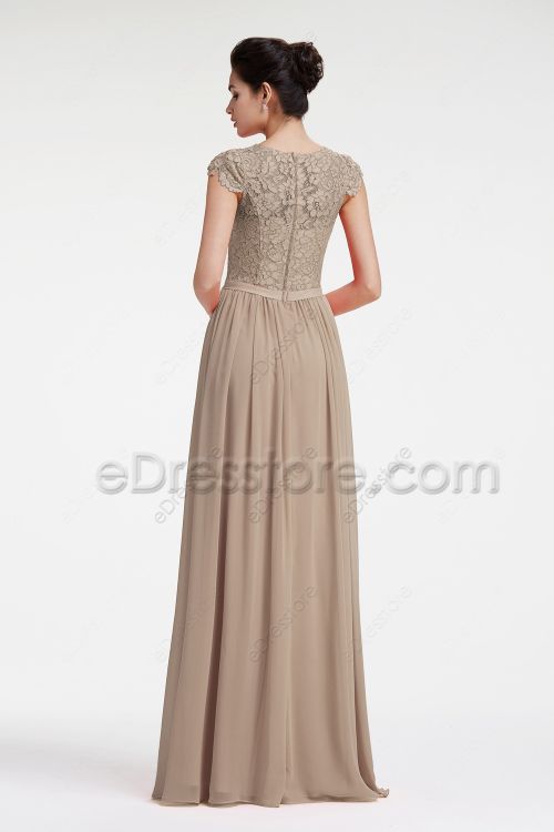 Modest LDS Lace Chiffon Beige Bridesmaid Dresses