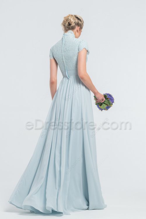 Modest LDS Lace Chiffon Ice Blue Bridesmaid Dresses Mock Neck
