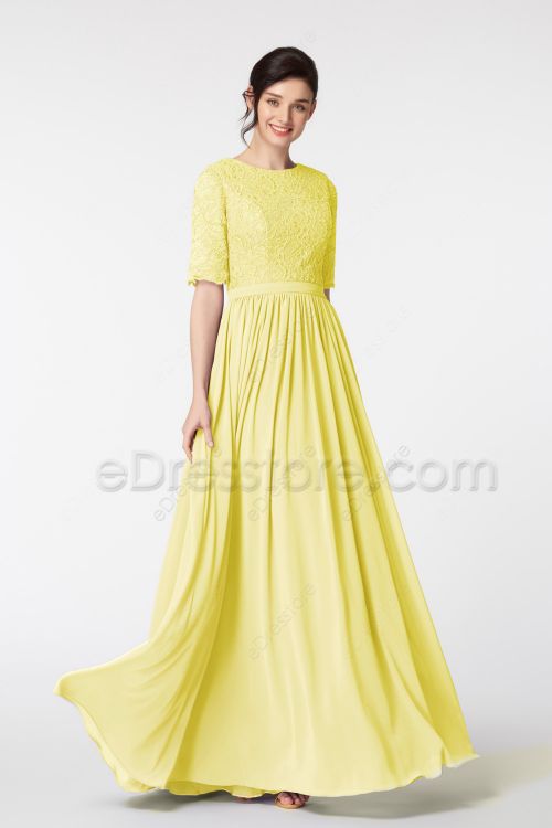 Modest LDS Lace Chiffon Light Yellow Bridesmaid Dresses Elbow Sleeves