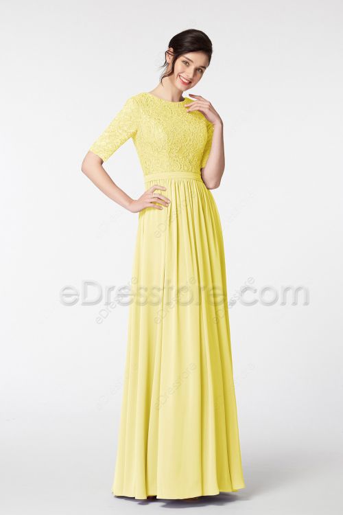 Modest LDS Lace Chiffon Light Yellow Bridesmaid Dresses Elbow Sleeves