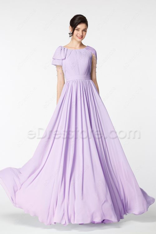 Modest LDS Light Purple Bridesmaid Dresses with Sleeves