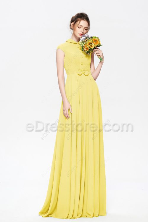 Modest LDS Light Yellow Beaded Bridesmaid Dresses with Buttons