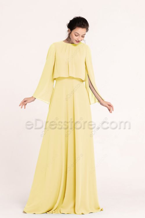 Modest LDS Light Yellow Bridesmaid Dresses Long Sleeves