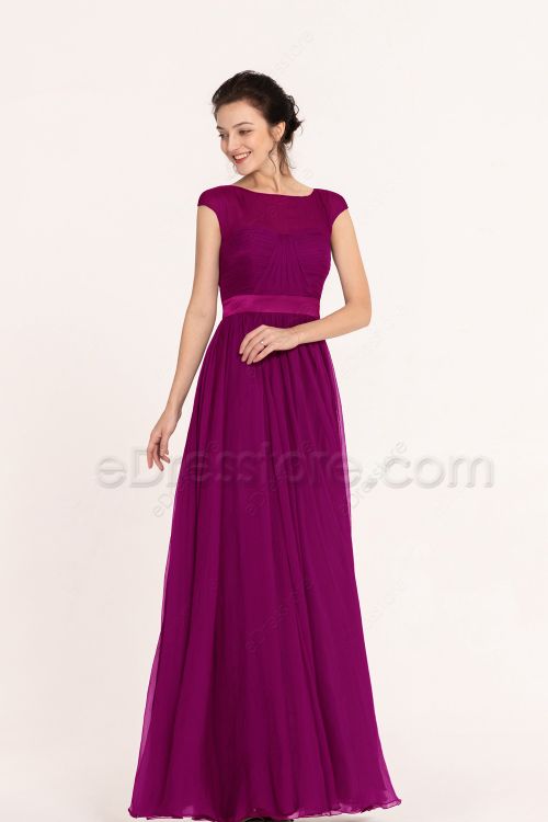 Modest LDS Magenta Bridesmaid Dresses Fall Weddings