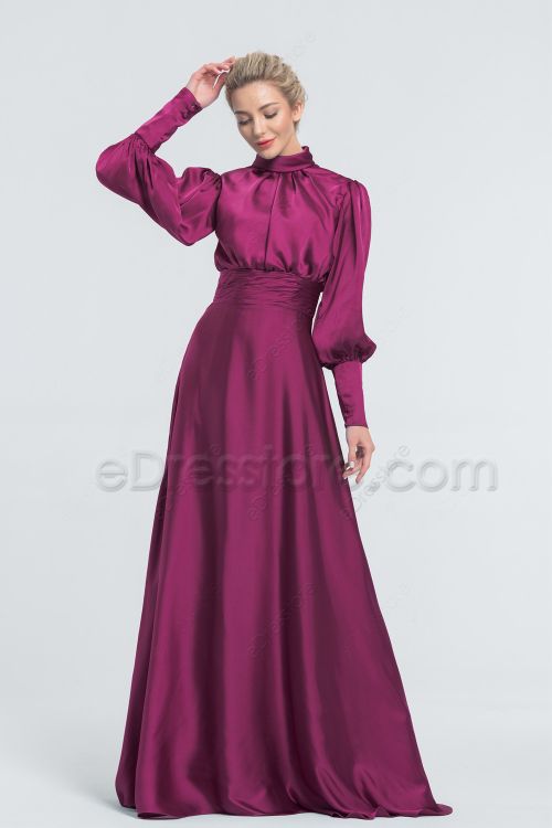 Modest LDS Magenta Satin Bridesmaid Dresses Long Sleeves