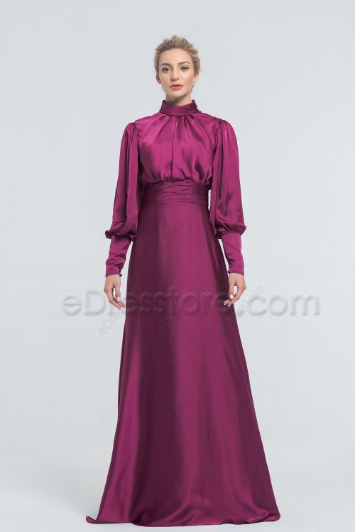 Modest LDS Magenta Satin Bridesmaid Dresses Long Sleeves