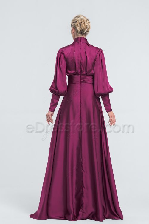 Modest LDS Magenta Satin Bridesmaid Dresses Long Sleeves