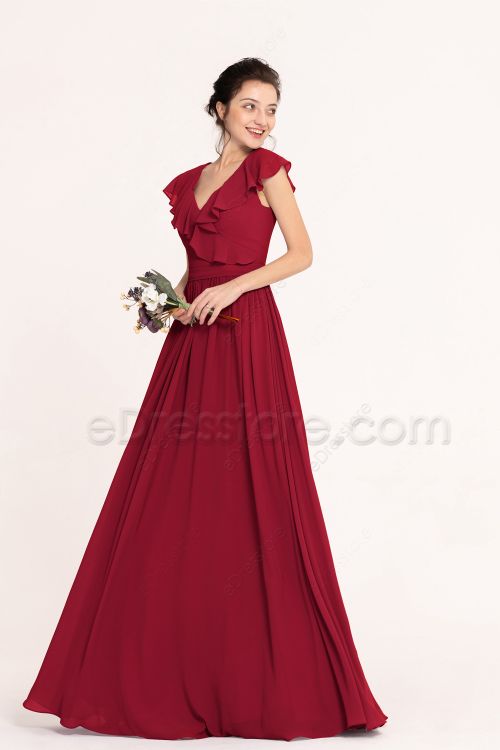 Modest LDS Maroon Bridesmaid Dresses Flounce Cap Sleeves