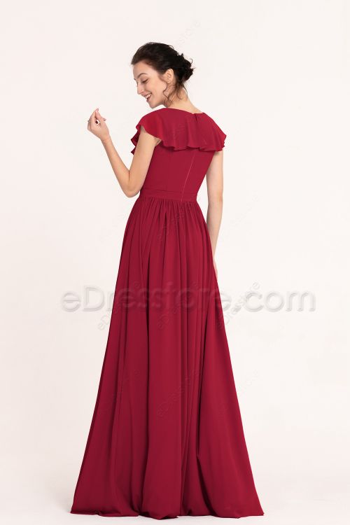 Modest LDS Maroon Bridesmaid Dresses Flounce Cap Sleeves