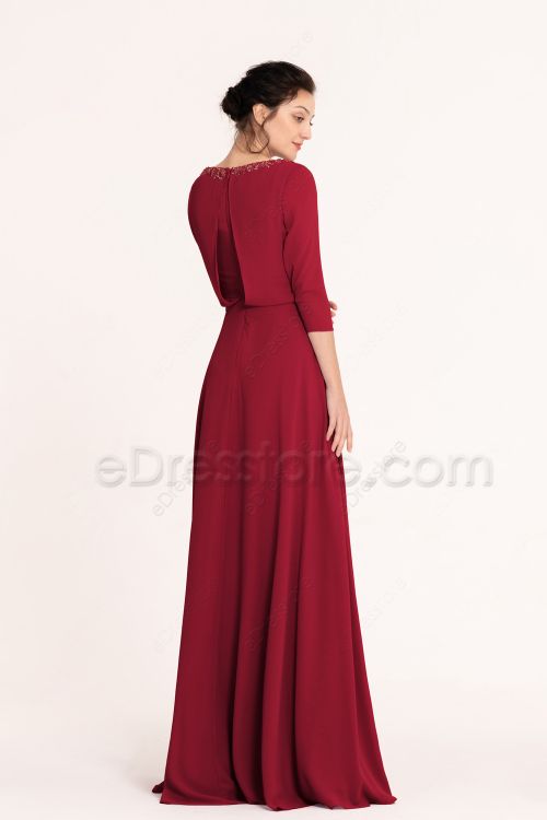 Modest LDS Maroon Bridesmaid Dresses with Sleeves
