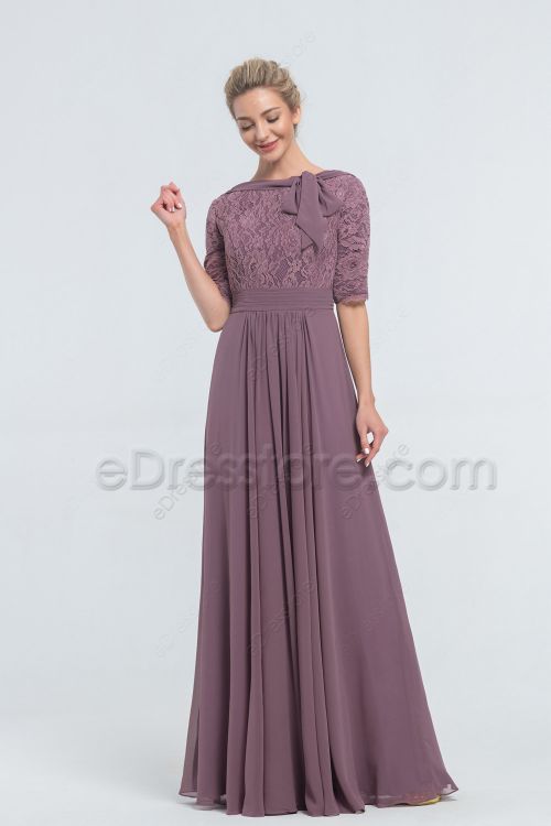 Modest LDS Mauve Bridesmaid Dresses Elbow Sleeves