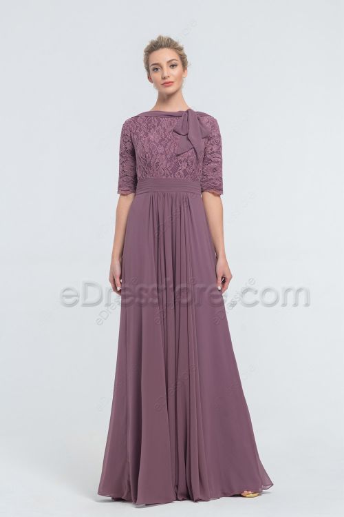 Modest LDS Mauve Bridesmaid Dresses Elbow Sleeves