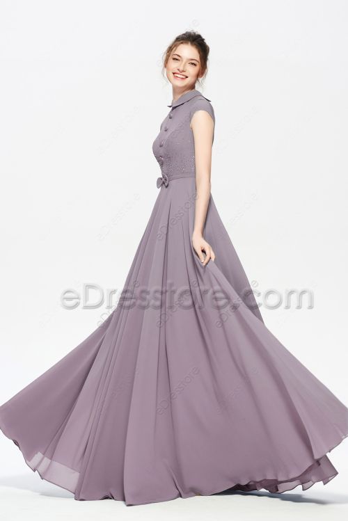 Modest LDS Mauve Bridesmaid Dresses with Collar