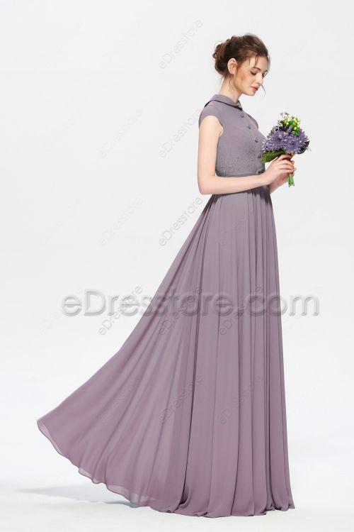 Modest LDS Mauve Bridesmaid Dresses with Collar