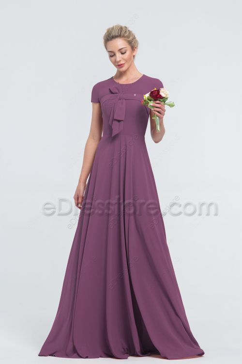 Modest LDS Mauve Bridesmaid Dresses with Sleeves