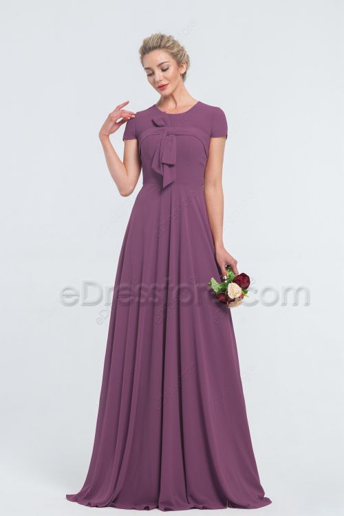 Modest LDS Mauve Bridesmaid Dresses with Sleeves