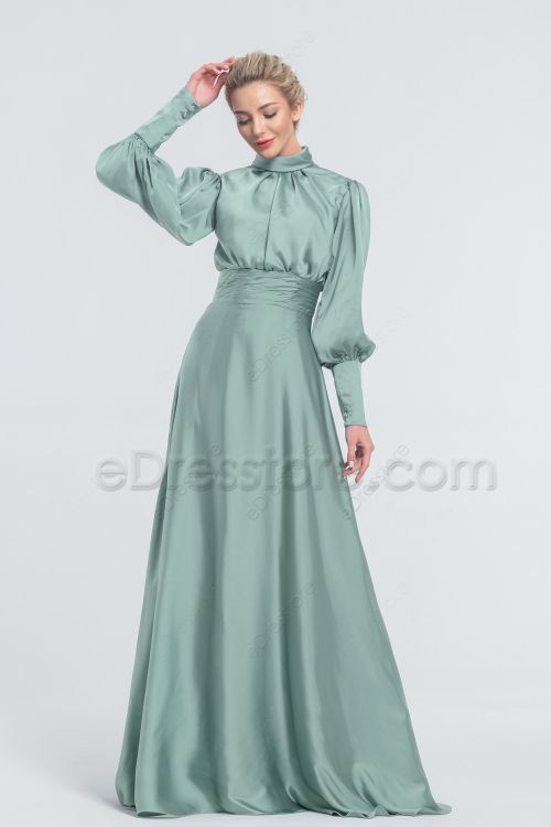 Modest LDS Mint Green Bridesmaid Dresses Long Sleeves