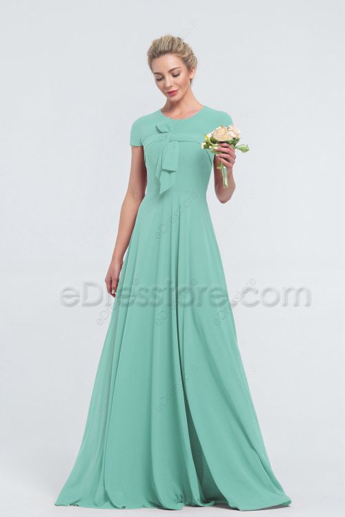 Modest LDS Mint Green Bridesmaid Dresses with Sleeves