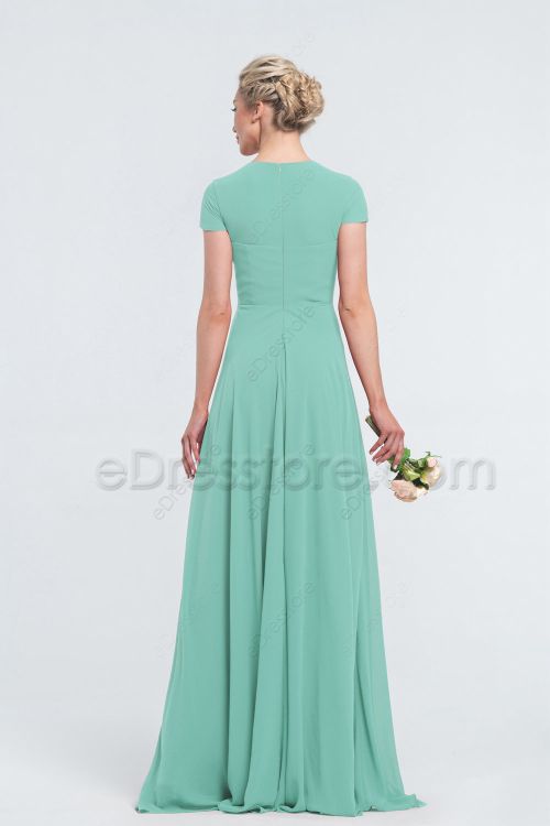 Modest LDS Mint Green Bridesmaid Dresses with Sleeves