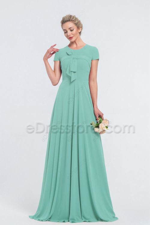 Modest LDS Mint Green Bridesmaid Dresses with Sleeves