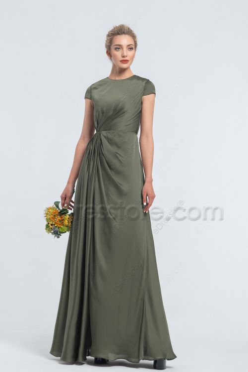 Modest LDS Moss Green Satin Bridesmaid Dresses | eDresstore