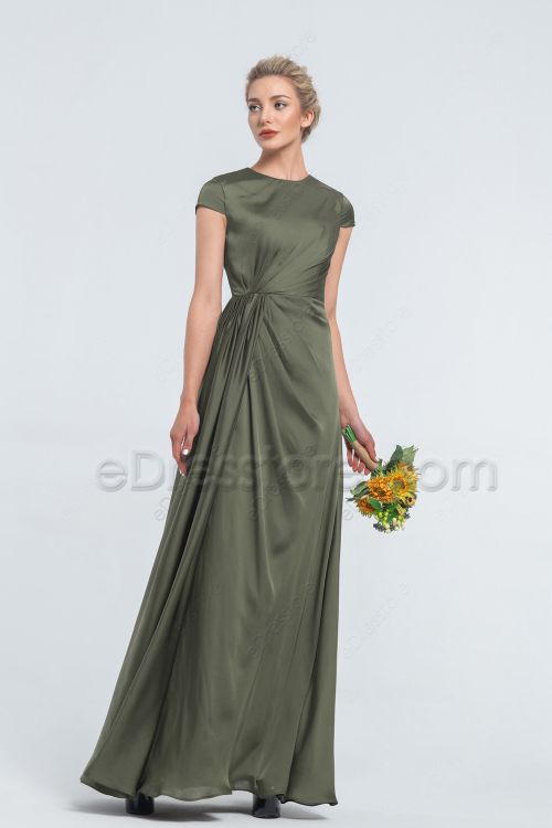 Modest LDS Moss Green Satin Bridesmaid Dresses