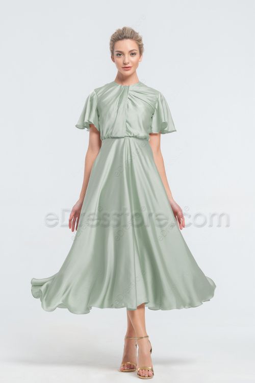 Modest LDS Moss Green Satin Bridesmaid Dresses Tea Length