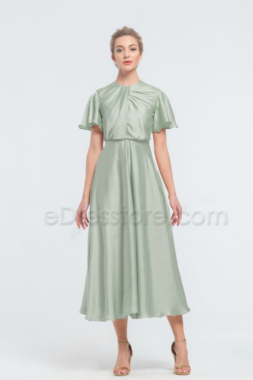 Modest LDS Moss Green Satin Bridesmaid Dresses Tea Length