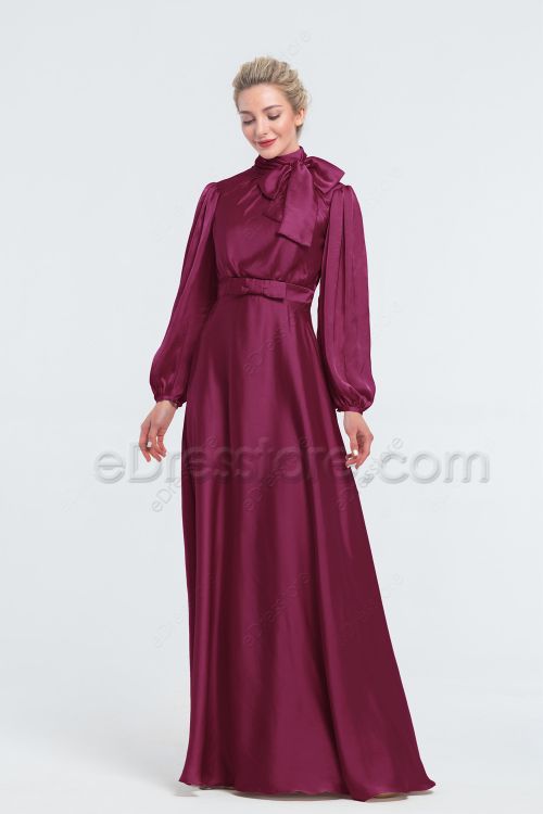 Modest LDS Mulberry Satin Bridesmaid Dresses Long Sleeves