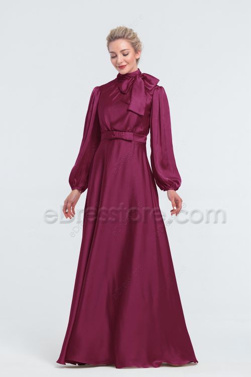 Modest LDS Mulberry Satin Bridesmaid Dresses Long Sleeves