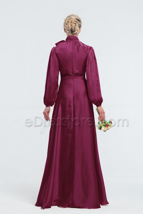 Modest LDS Mulberry Satin Bridesmaid Dresses Long Sleeves