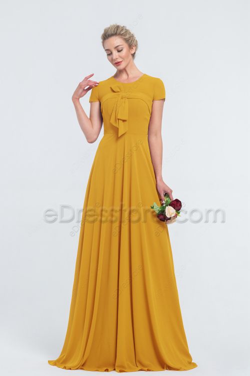 Modest LDS Mustard Yellow Bridesmaid Dresses Cap Sleeves