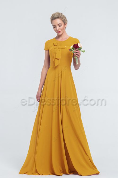 Modest LDS Mustard Yellow Bridesmaid Dresses Cap Sleeves