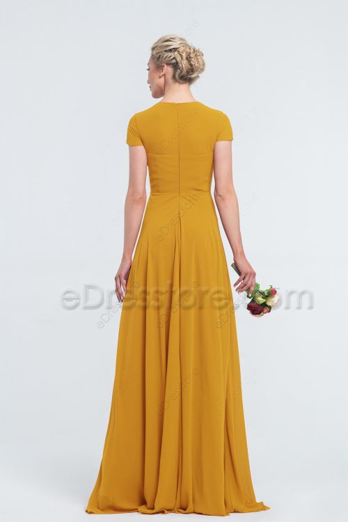 Modest LDS Mustard Yellow Bridesmaid Dresses Cap Sleeves