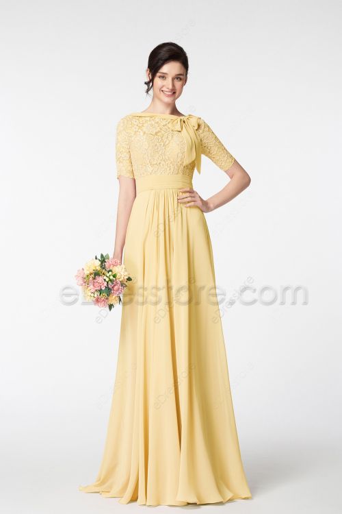 Modest LDS Pale Yellow Bridesmaid Dresses Lace Top Elbow Sleeves