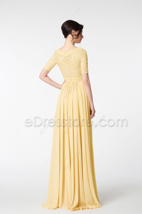 Modest LDS Pale Yellow Bridesmaid Dresses Lace Top Elbow Sleeves