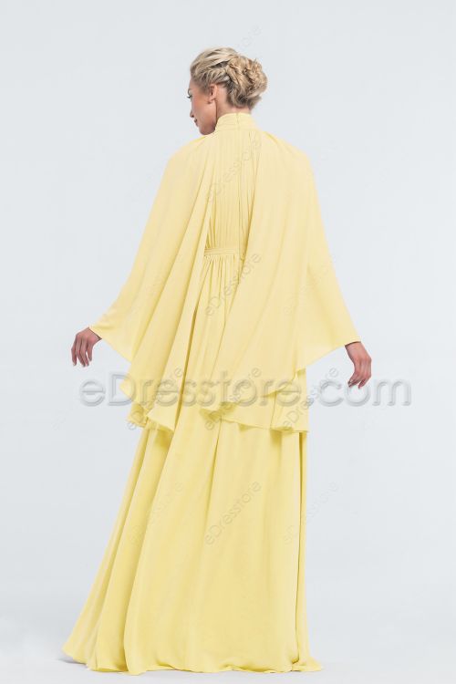Modest LDS Pale Yellow Bridesmaid Dresses Long Sleeves