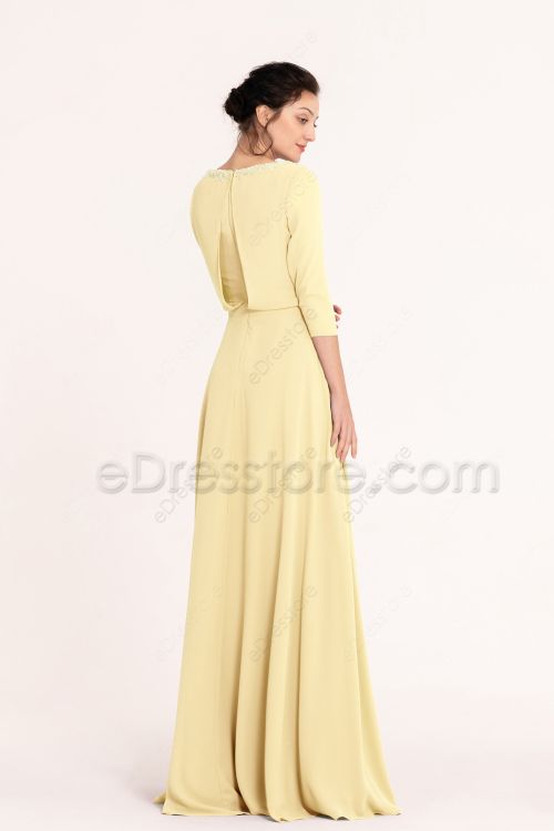 Modest LDS Pale Yellow Bridesmaid Dresses with Sleeves