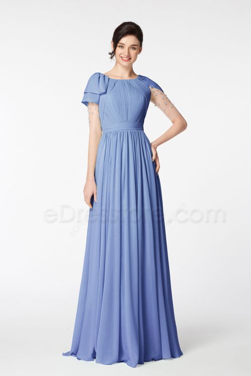 Modest LDS Periwinkle Bridesmaid Dresses with Beadings