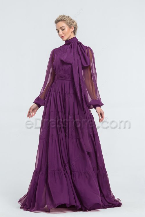 Modest LDS Plum Mother of the Bride Dresses Long Sleeves