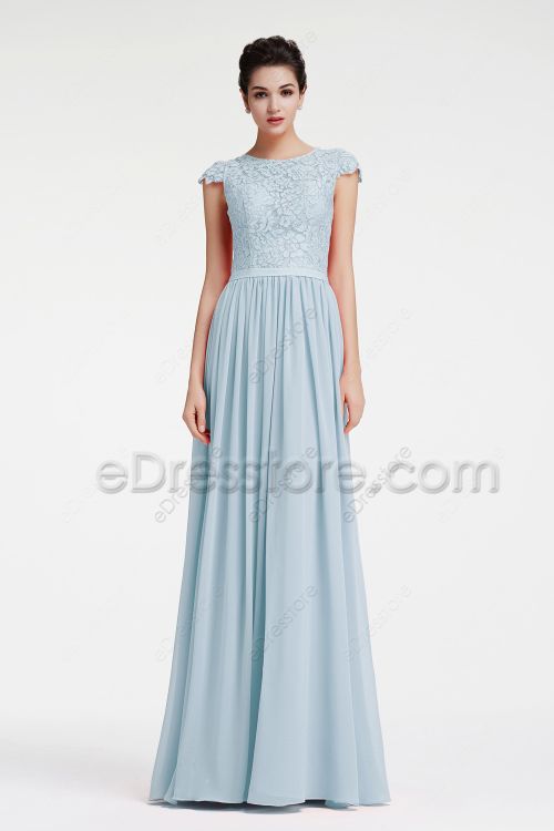 Modest LDS Procelain Blue Lace Chiffon Bridesmaid Dresses Cap Sleeves
