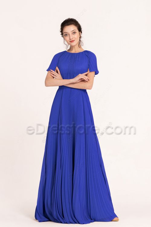 Modest LDS Royal Blue Bridesmaid Dresses Short Sleeves