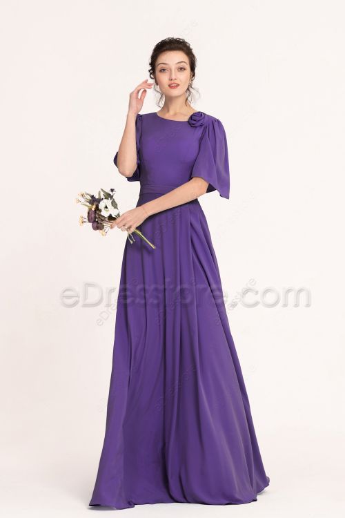 Modest LDS Royal Purple Bridesmaid Dresses with Sleeves
