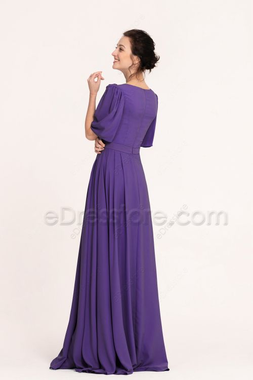 Modest LDS Royal Purple Bridesmaid Dresses with Sleeves