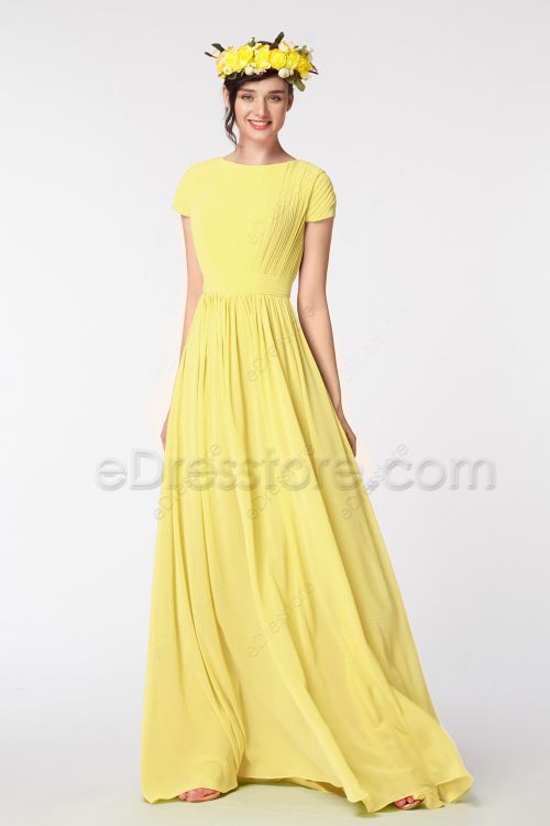 Modest LDS Ruched Light Yellow Bridesmaid Dresses Cap Sleeves