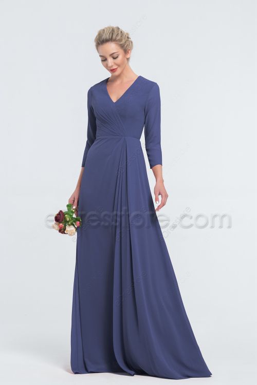 Modest LDS Ruched Slate Blue Bridesmaid Dresses with Sleeves